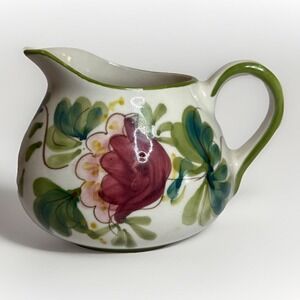 Vintage 1990s Hand Painted Petite Portuguese Floral Pitcher Cream Pink Green